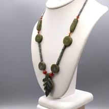 Vintage Carved Jade Heishi Bead Necklace with Leaf Pendant and Disc Stations - £72.29 GBP