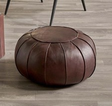 Round leather pouffe , ottoman , Dark Brown , extra seating , floor seat... - $250.00