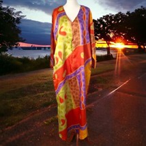 Colorful Satin Kaftan Muu Muu Lounge Dress Patio Housecoat Vintage 90s Mrs Roper - £46.65 GBP