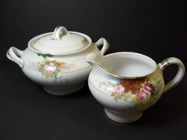 Vintage creamer &amp; covered sugar bowl Hand painted Nippon china Roses sunrise - £7.88 GBP