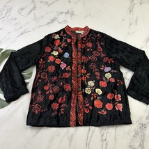 White Stag Vintage Y2k Velvet Jacket Size M Black Red Floral Embroidered - $38.60