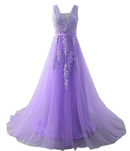 Kivary Women V Neck Beaded Long Prom Dress Formal Tulle Evening Gown Lavender US