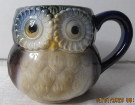 Owl Shaped Ceramic Coffee Mug Dark Blue Tan Yellow Colors Wide Eyed 15oz... - £7.73 GBP