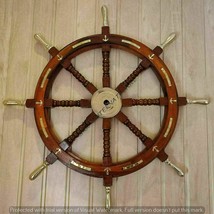 36&quot; Nautical Black Wooden Ship Steering Wheel With Brass Handle Christmas - £127.53 GBP