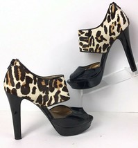 BCBG Harmony Womens 8.5 Platform Peep Toe Heels Faux Leopard Calf Hair Shoes - £35.95 GBP