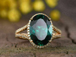 2.60 Ct Simulated Oval Cut Emerald Halo Bridal Ring925 Silver Gold Plated - £85.43 GBP