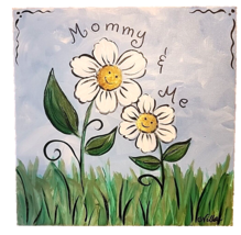 Mommy &amp; Me Original Acrylic Canvas Painting Signed CVilla 12x12 Smiling Daisies - £27.34 GBP