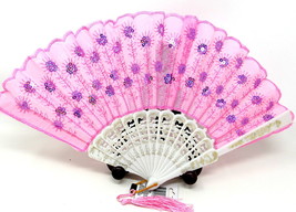 Pink White Fan Folding Hand Held Frame Holo Sequins Embroidery Gold US Seller#18 - £10.27 GBP