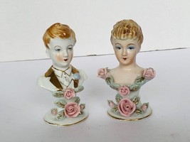 Salt Pepper Shakers Ucagco Victorian Couple porcelain flower antique figurines - £31.02 GBP