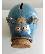 Cow Ceramic bank Blue Glaze Cork Snout Art Pottery piggy bank Cross eyed... - £15.26 GBP