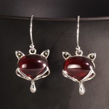 Silver 925 Earrings for Women Cute Fox Drop Earrings Natural Garnet Stone Inlaid - £26.76 GBP