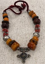 Moroccan Amber Necklace with Tuareg Cross - Antique Amber beads Berber necklace - £522.17 GBP