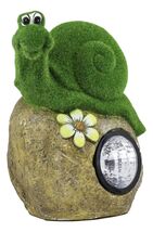 Whimsical Flocked Grass Snail On Rock Garden Statue With Solar LED Light... - $32.99