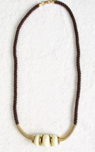 Necklace Long 15&quot; Drop Brown Fabric Twisted Rope Gold Tone Ivory Color Beads  - £8.78 GBP