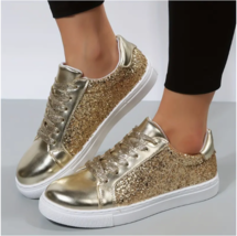 Women&#39;s Gold Glitter Sneakers Yoga Shoes Walking Jogging Boho Shiny Elegant - £28.02 GBP