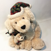 RARE Gund Dogs Plush Hugging Heads &amp; Tales Tan Puppy Dog #44202 Plaid Hats HTF - £47.39 GBP