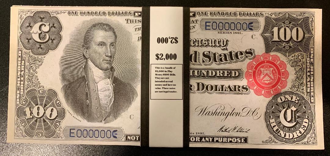 Primary image for $2,000 In Play/Prop Money $100 Bills James Monroe 1891 Silver Certificate 20 Pcs
