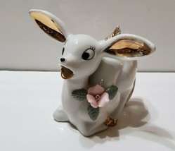 Vintage Porcelain Deer Creamer White With Gold Accents And Pink Rose. Wi... - $23.14