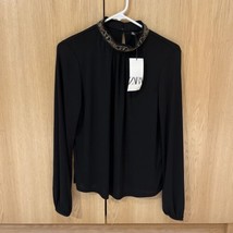 New Zara Long  Sleeve Black Shirt With Sequin Collar Size S - £24.24 GBP