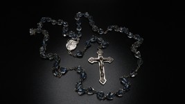 Antique CLEAR BLUE Faceted Crystal Bead Silver ROSARY - $77.62