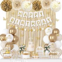 White Gold Birthday Decor Set for Women Girls with Balloons, Banner, But... - $27.49