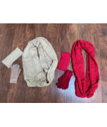 new 2 SETS 6 piece Beige &amp; Red SCARF HEAD WRAP GLOVES women&#39;s knit Holid... - $21.68