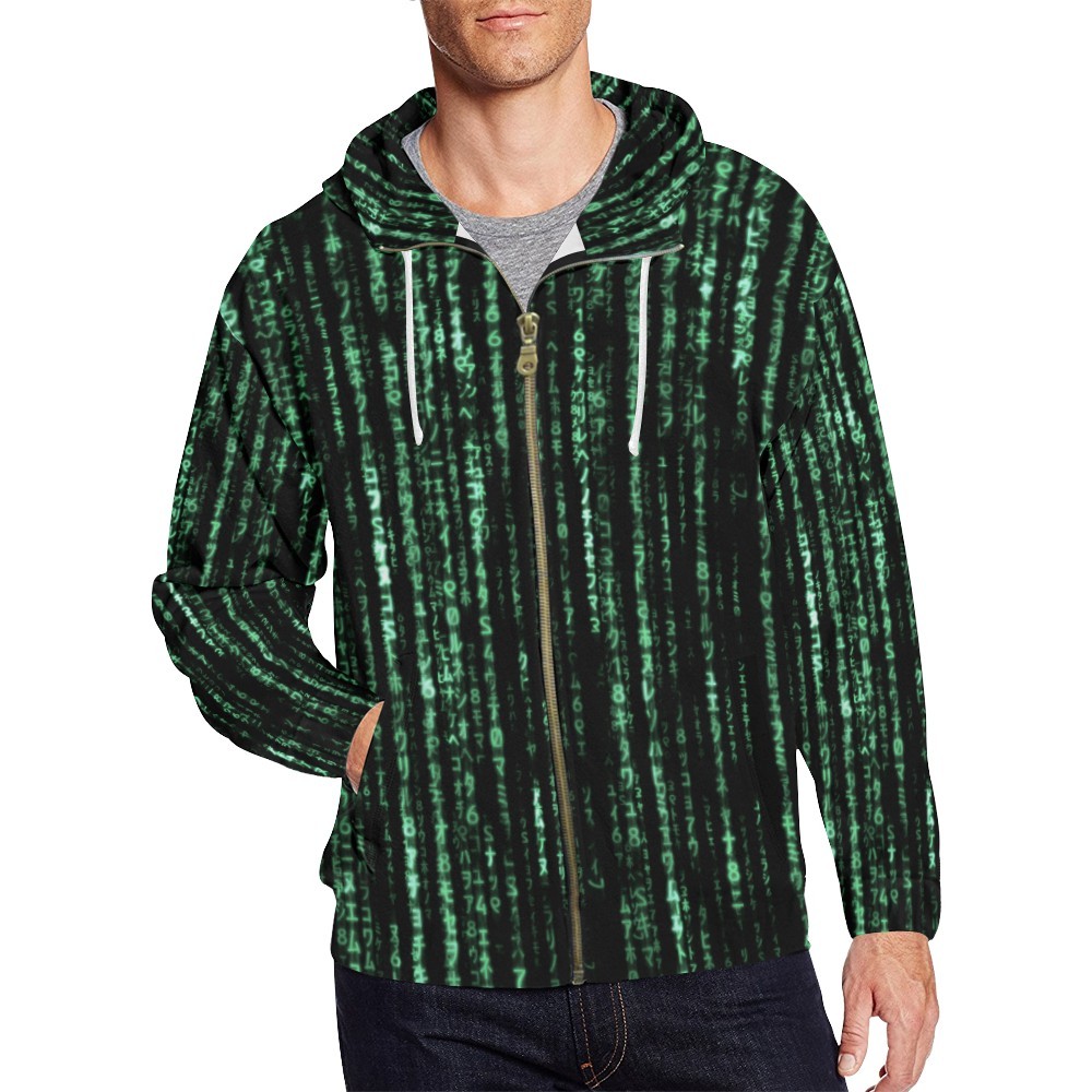 Men's Matrix Computer Coding Programming All Over Print Zip Hoodie