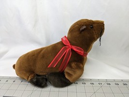 K&amp;M Intl Brown Seal Plush Red Ribbon 13.5 Inch Long 2005 Stuffed Animal Toy - £11.40 GBP