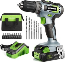 WORKPRO 20V Cordless Drill Driver Kit, 3/8&#39;&#39; Keyless Chuck, 2.0 Ah Li-ion - £62.34 GBP