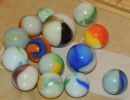 Lot of 14 Milky Swirl Marbles 1/2 &amp; 5/8 &amp; 7/8 question mark slag striped opaque - £19.77 GBP