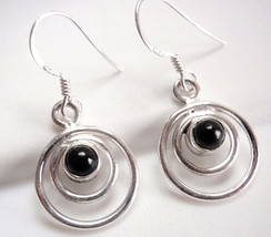 Very Small Black Onyx Earrings in Double Hoops 925 Sterling Silver Dangl... - £11.50 GBP