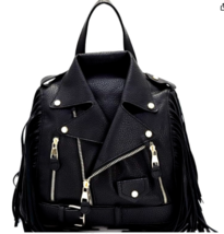 Moto Jacket Black Vegan Leather Fringed Fashion Backpack NWT - $74.25