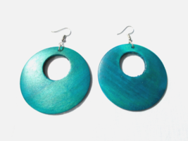 Teal Turquoise BLUE Stained Color Round Wooden Hoop Fashion 3&quot; Drop Earrings - £6.31 GBP