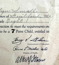 Seven Point Child Award Health Certificate 1945 Guilford Maine Official ... - $24.99
