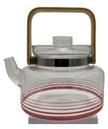 Retro Glass Teapot Wood Handle Red Stripes MCM Vintage Carafe Bags Leave... - £14.64 GBP