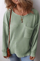 Plus Size Pocketed Ribbed Round Neck Long Sleeve Top - $33.99