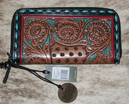 Myra Bag #5402 Hand Tooled &amp; Painted Leather 8&quot;x4&quot; Wallet~Card Slots~Inside Zip~ - £38.68 GBP