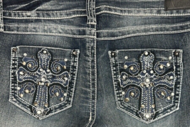 Natural Reflections Cross Embellished Rhinestone Pockets Heavy Stitch Jeans - £19.59 GBP