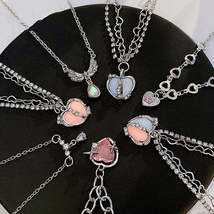 Y2K Accessories Peach Heart Water Drop Pendant Necklace Pink Crystal Egirl Sweet - £1.96 GBP+