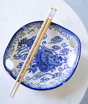 Blue Feng Shui Dragon Small Appetizer Coupe Plate Flat Bowl With Chopsticks Set - £15.94 GBP