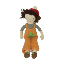 The Land Of Nod Plush Knit Doll 17&quot; Country Farm Overalls Frog - £19.73 GBP