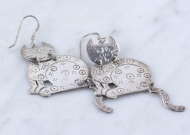 KITTY CAT Dangling EARRINGS in Sterling Silver -Articulated - 2 1/2 inch... - $45.00