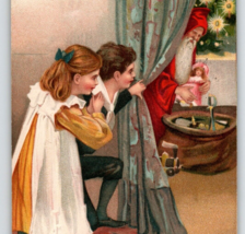 Santa Claus Christmas Postcard Old World Children Lighted Xmas Tree Curtain 1908 - £22.78 GBP