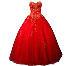 Kivary Red Tulle Gold Embroidery Beaded Long Prom Dresses Wedding Gowns ... - £140.79 GBP