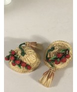 Vintage Western Germany Earrings Clip On Raffia Fruit Strawberry Hat Summer - £21.29 GBP