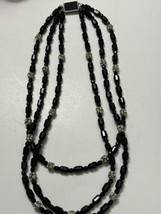 Vintage Faceted Black Glass 3 Strand Necklace Rhinestone Stations 20-22 ... - £18.67 GBP