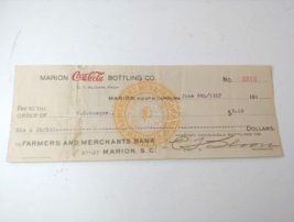 1917 Coca Cola Marion South Carolina Bottling Co Payroll Check - $19.75