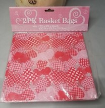 Valentine&#39;s 2pk Basket Bags 22&quot;x25&quot;x8&quot; Heart Pink Plastic Cellophane - £3.62 GBP