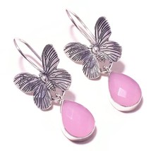 Pink Monalisa Gemstone 925 Silver Overlay Handmade Butterfly Antique Earrings - £9.40 GBP