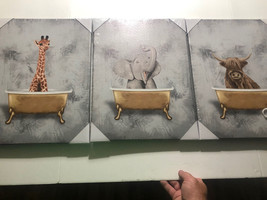 Canvas bathroom wall art animal graphics set of 3size16”x12”￼ Cow Draft Elephant - £18.10 GBP